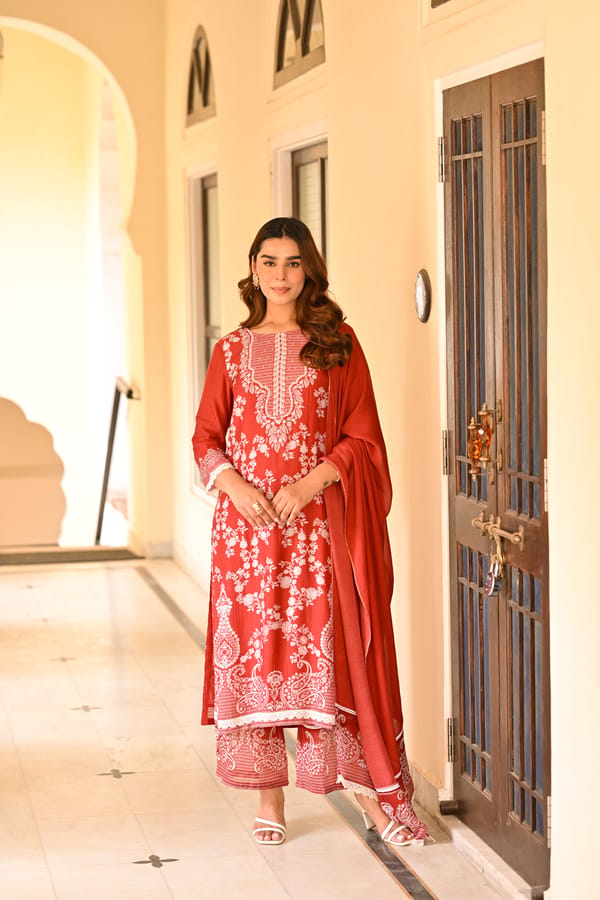 Red Paisley Pearl Work Pure Muslin Suit Set-SET OF-3 — MAHEE JAIPUR