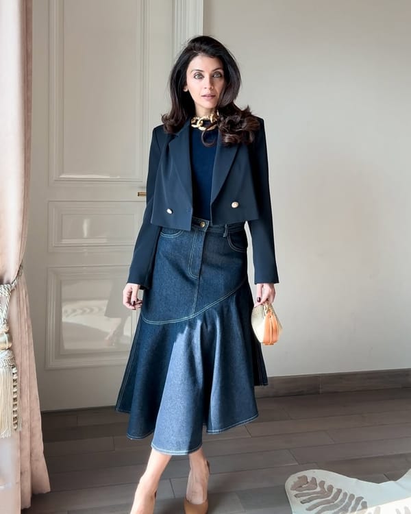 Dark Blue Denim A-Line Midi Skirt with Diagonal Ruffle Hem — Sttavoss