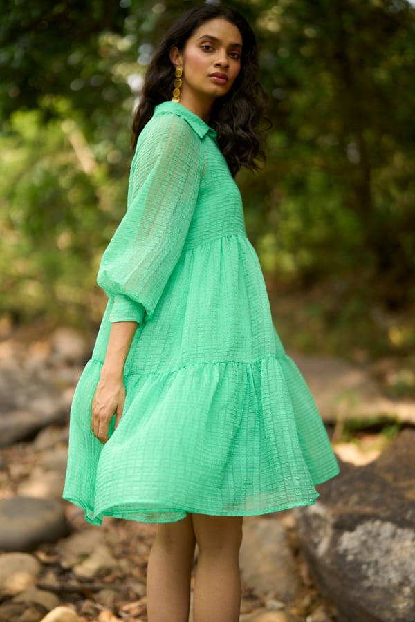 Green Textured Tiered Midi Shirt Dress with Slip — Dash and Dot