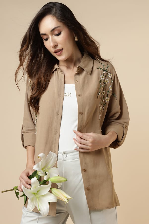 Brown Longline Embroidered Button-Down Shirt — BURRASCA