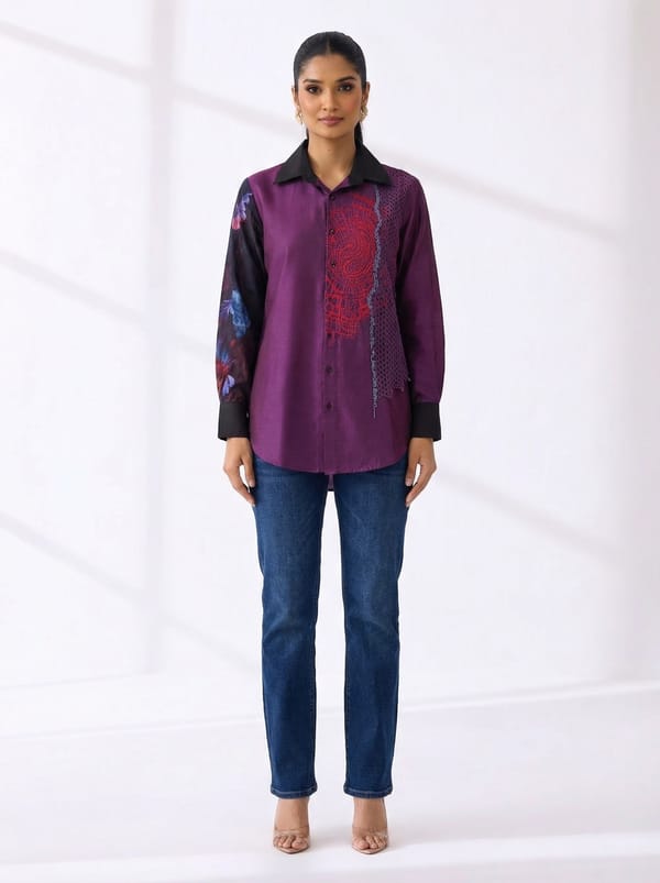 Purple Silk Printed Button-Down Shirt with Contrast Collar — The Dramebaaz Company