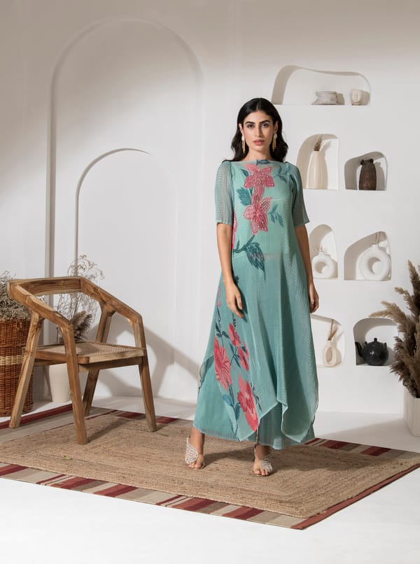 Green Floral Lurex Kaftan Kurta Set with Palazzo — PREETI MEHTA