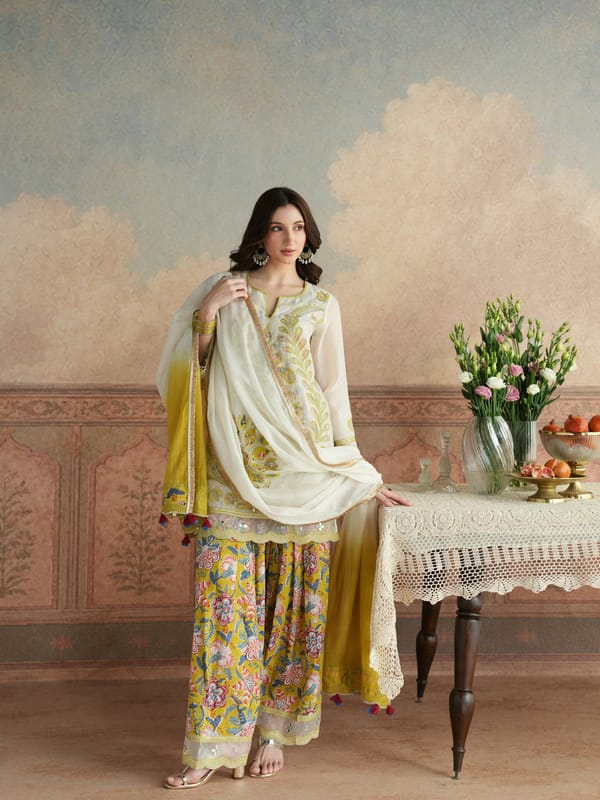 OFF WHITE & MEHNDI GREEN SHORT KURTA WITH FARSHI SALWAR & DUPPATTA — TASHA INDIA
