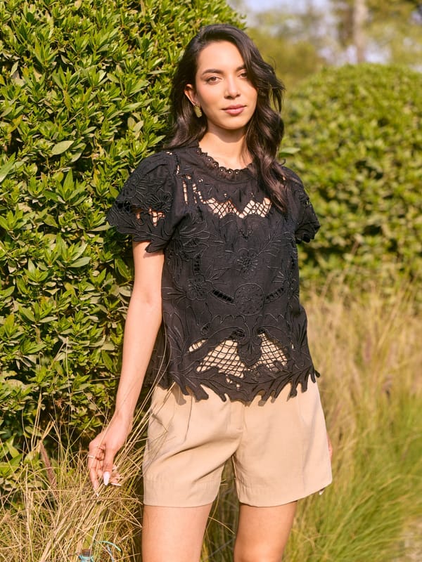 Black Cotton Cutwork Blouse with Scalloped Hem — Style Island