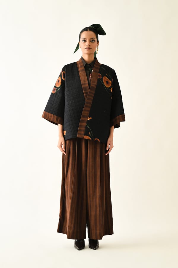 Brown and Black Quilted Floral Open-Front Jacket — Ofrida