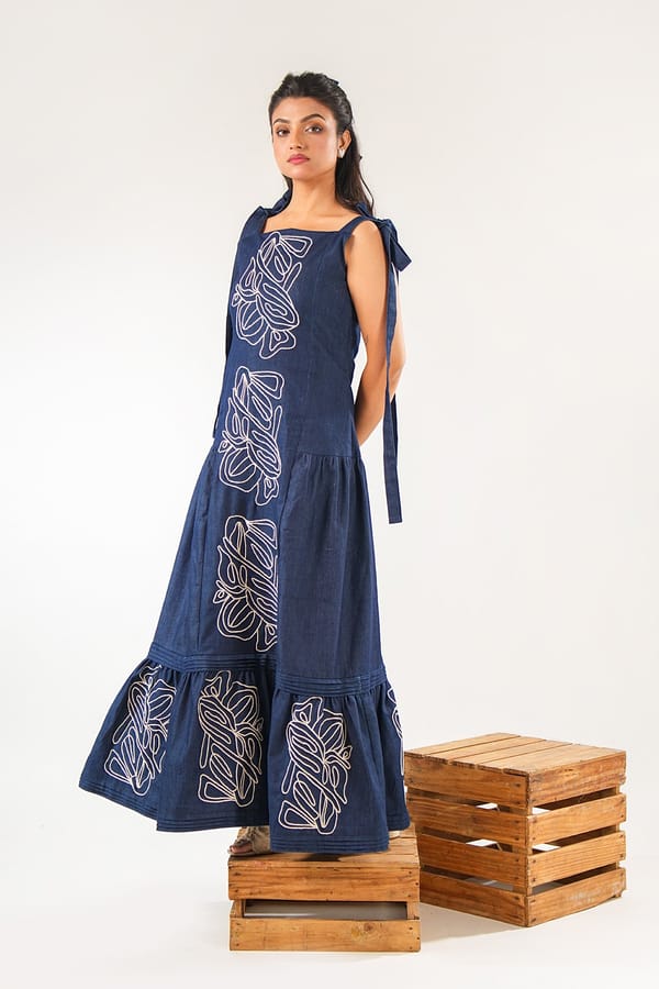 Dark Blue Cord-Embroidered Denim Maxi Dress — 9899