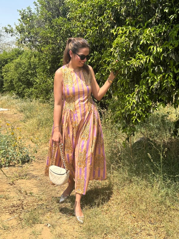 Peach Printed Empire Waist Fit and Flare Midi Dress — SHOP MIOWW