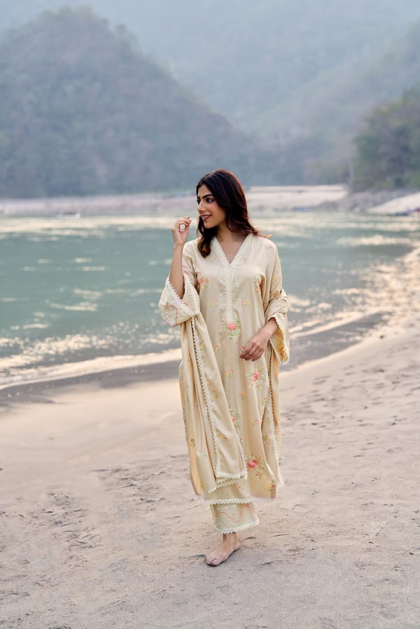 Beige Cotton Embroidered Kurta Set With Lace Trim — NARAYANI VASTRA