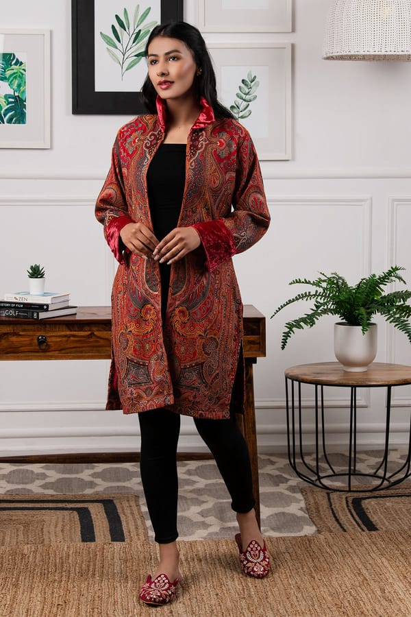 Burgundy Wool Jacquard Longline Coat with Velvet Trim — Rhe-Ana
