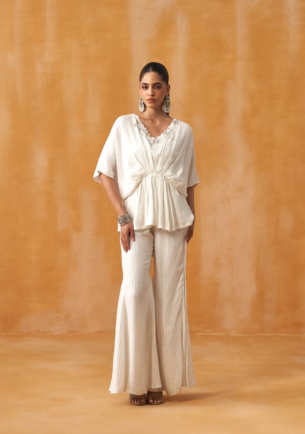 Lurex Kaftan Co-ord Set (White) — AMOSHI
