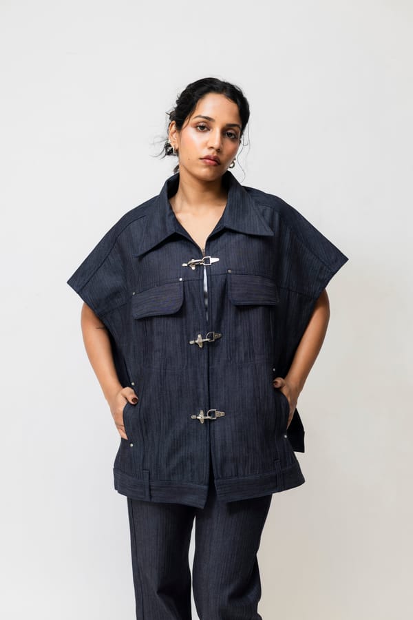 Navy Blue Oversized Herringbone Denim Utility Jacket — Shop Staple
