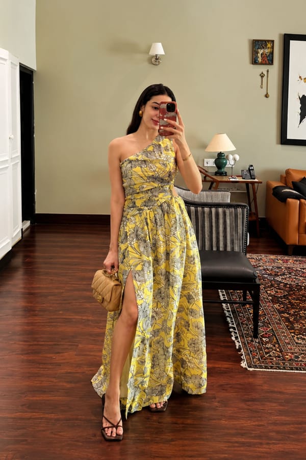 Yellow One-Shoulder Floral Printed Midi Dress with Slit — Style Island