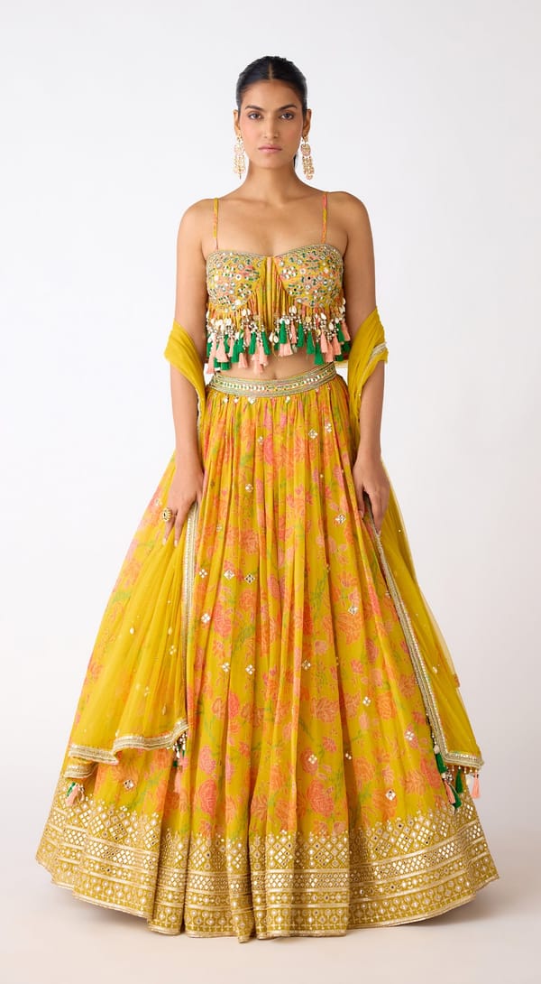 Yellow Organza Floral Lehenga Set with Mirror-Work Blouse — Basanti Kapde aur Koffee