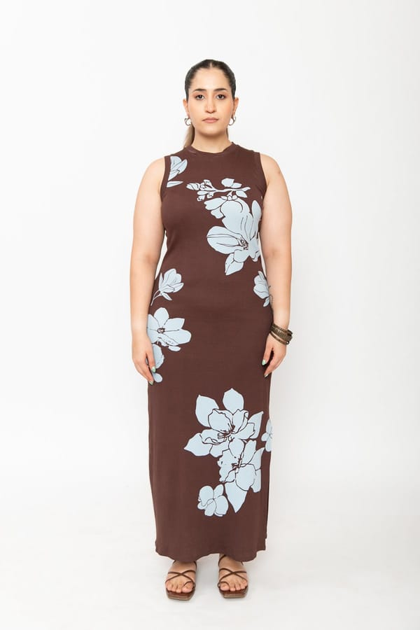 Brown Floral Bodycon Maxi Dress — Contemponari