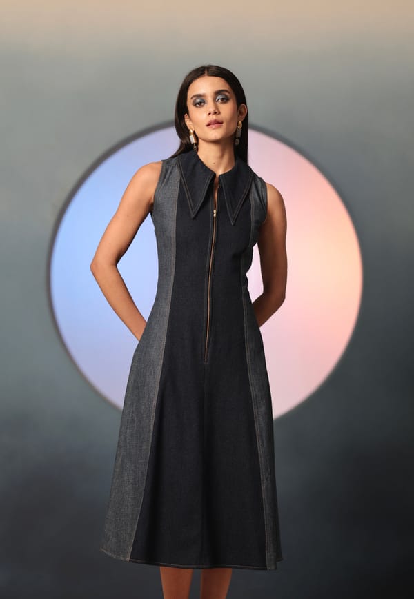 Two-Tone Blue Denim Zip-Front Midi Dress — MANVI DAGA STUDIO