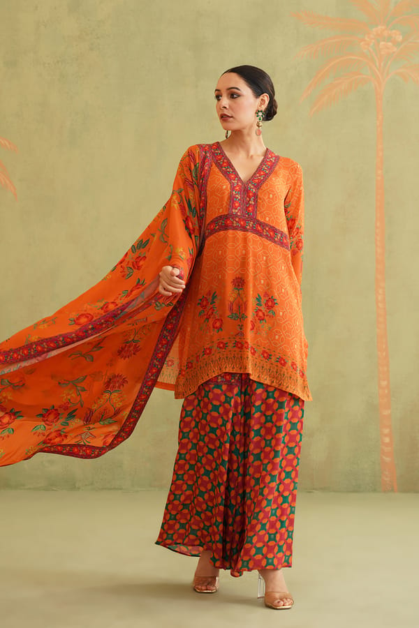 Burnt Orange Printed Sharara Set with Dupatta — NEETIKA CHOPRA