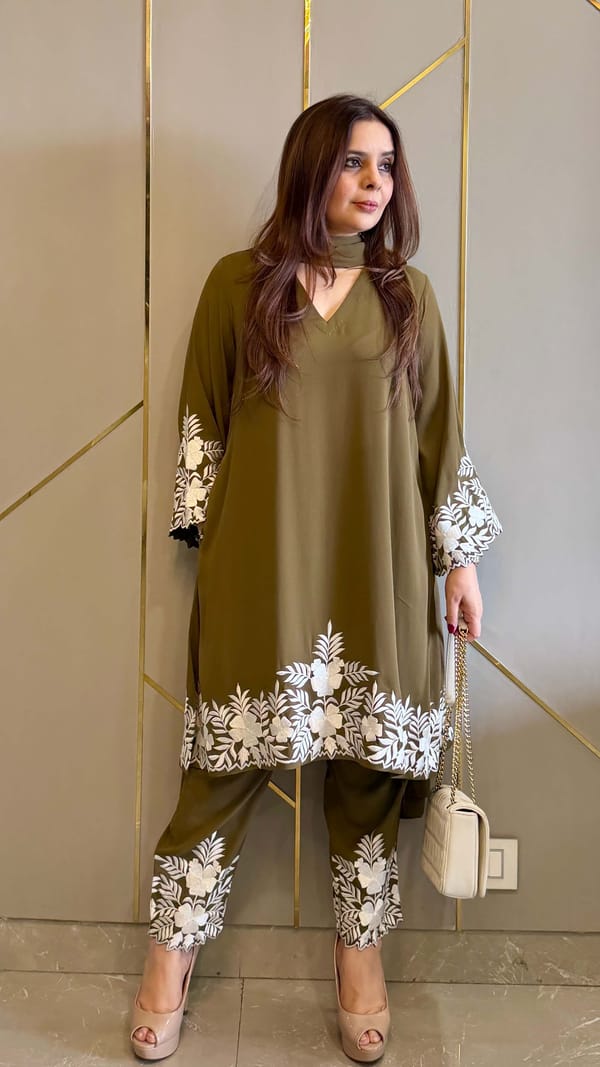 Olive Embroidered Kurta and Pant Co-ord Set — Kylee Fashions