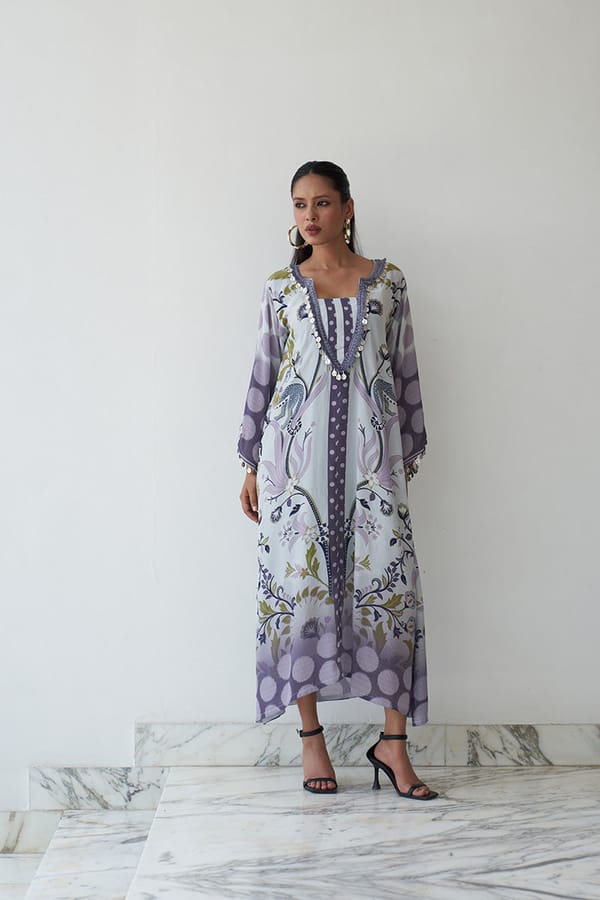 Lavender Printed A-Line Kaftan with Mirror Tassel Neck — Chakkraa