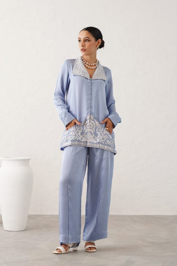 Blue Satin Embroidered Shirt and Wide-Leg Co-ord Set — NEETIKA CHOPRA