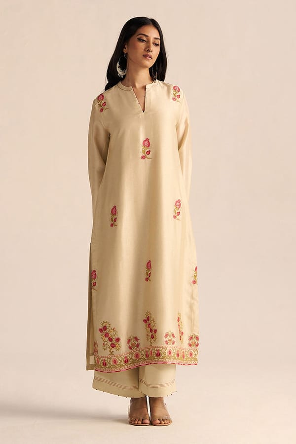 Mascarpone Cream Embroidered Kurta Co-ord Set with Dupatta — Ganga Fashions Pvt Ltd