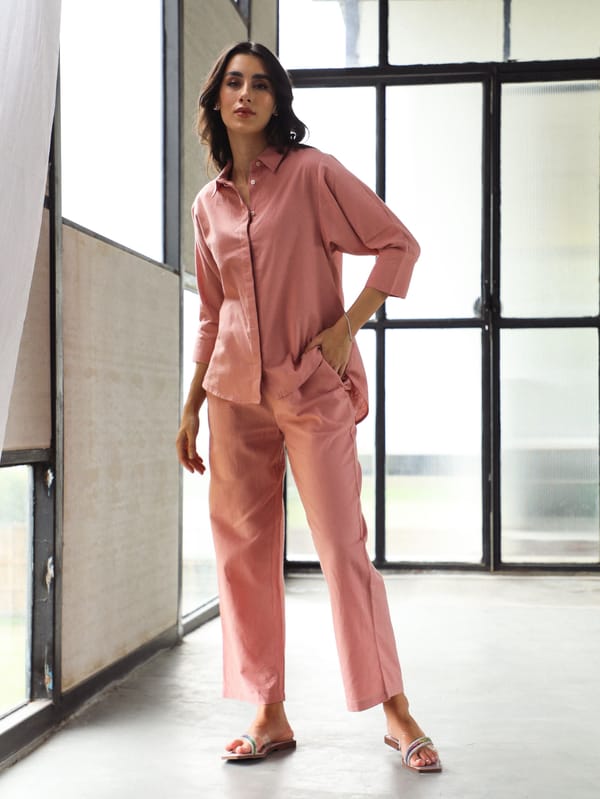 Rose Pink Linen-Blend Shirt and Wide-Leg Pants Co-ord Set — Cosset Clothing