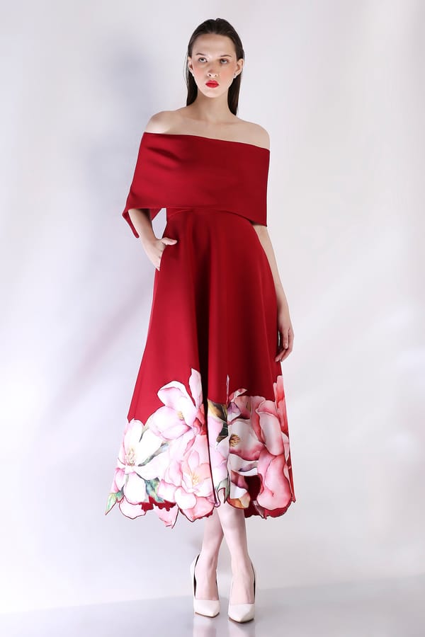 Deep Red Off-Shoulder Fit and Flare Midi Dress — OZEQO