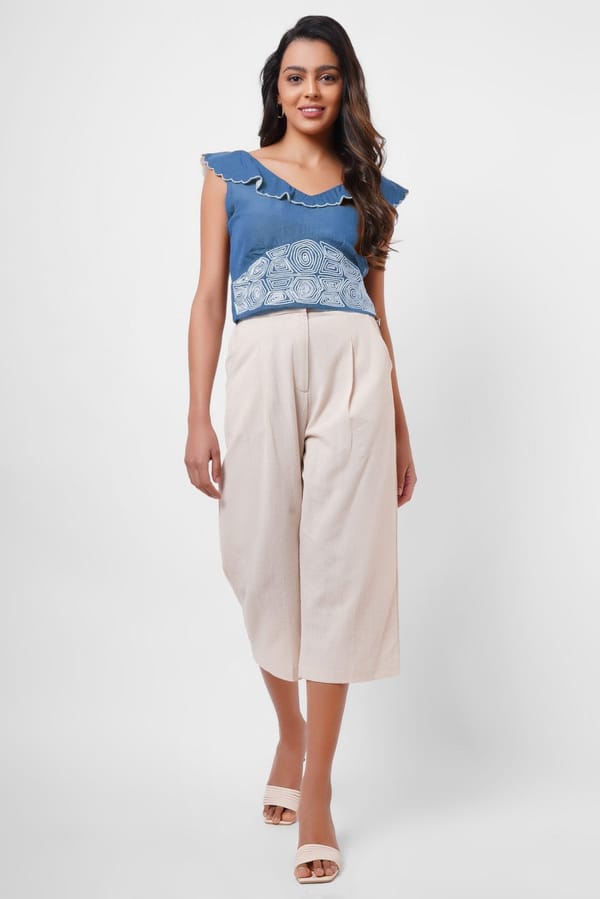 Waist Embroidered blue Linen Top — Western Era