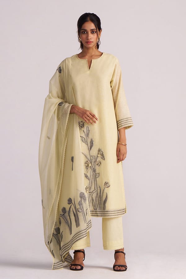 Butter Yellow Chanderi Embroidered Kurta Set with Dupatta — Ganga Fashions Pvt Ltd