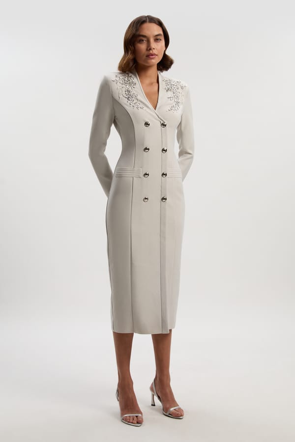 Grey Embellished Double-Breasted Bandage Midi Dress — KAREN MILLEN