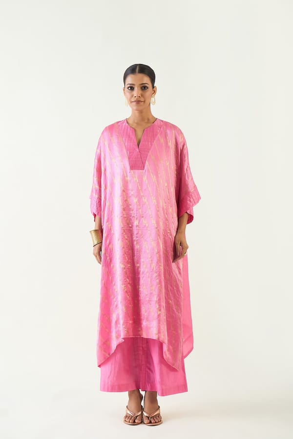 Silk with Gold weave Kimono Kaftan set - Pink — SHIVANI BHARGAVA