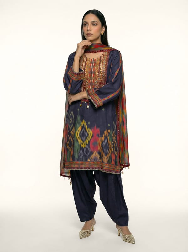 Grey Printed Muslin Silk Kurta Set with Dupatta — SAUNDH