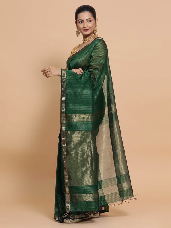 Dark Green Saree with Golden Zari Border Tyohaar — BINKS
