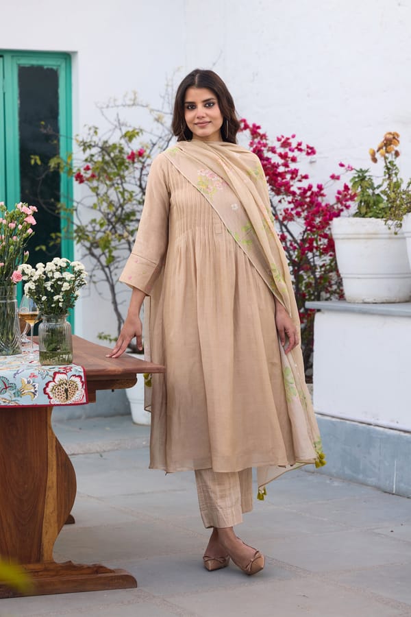 Beige Silk Chanderi Pintuck A-Line Kurta Set — Trendy Tokari