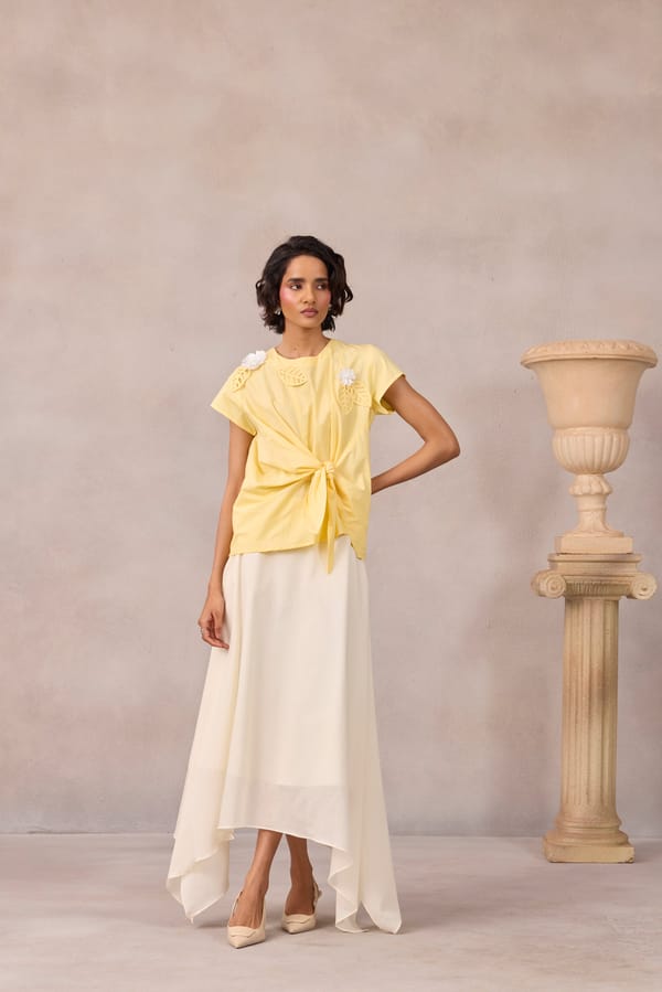 Lemon Sorbet Cotton Poplin Tie-Front Applique Top — 63East