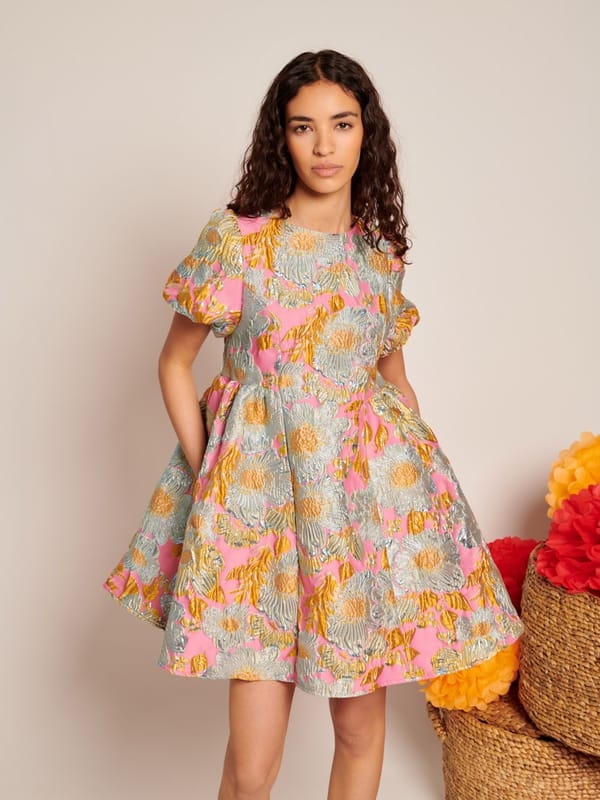 Pink Metallic Floral Jacquard Fit and Flare Mini Dress — SISTER JANE