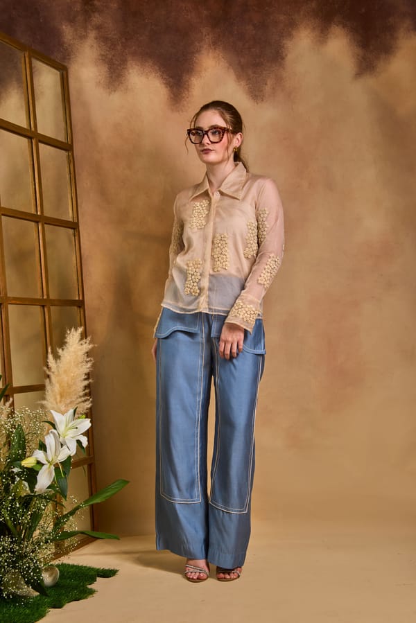 Cream Organza Applique Shirt and Blue Pants Co-ord Set — An'era by Asmita Verma