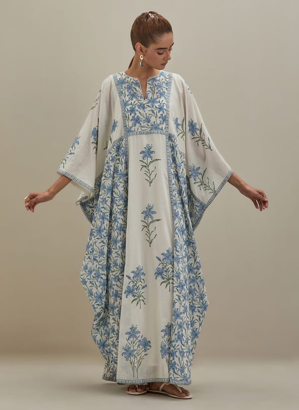 Off White Cotton Kaftan Block Print — Upavita