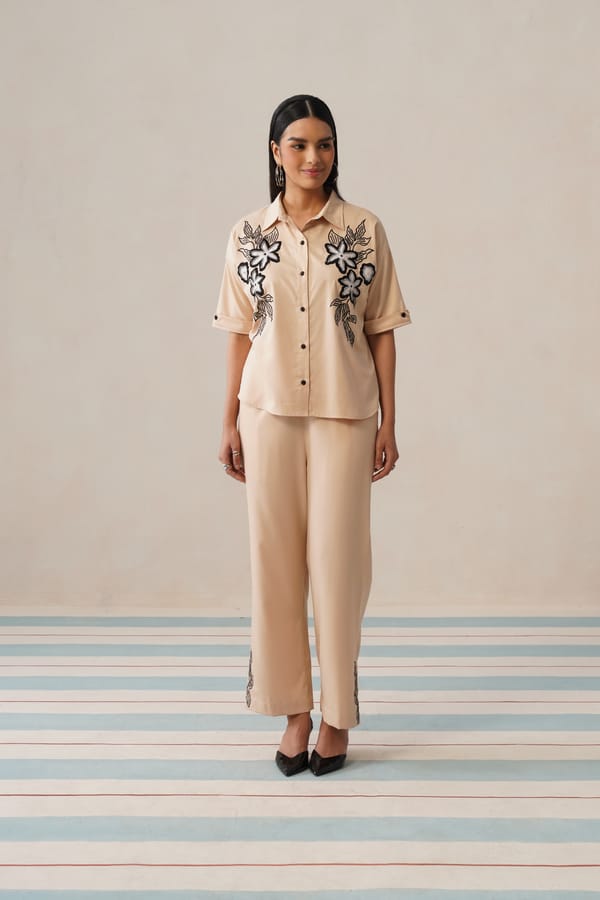 Beige Embroidered Shirt and Straight Pants Co-ord Set — Armoire