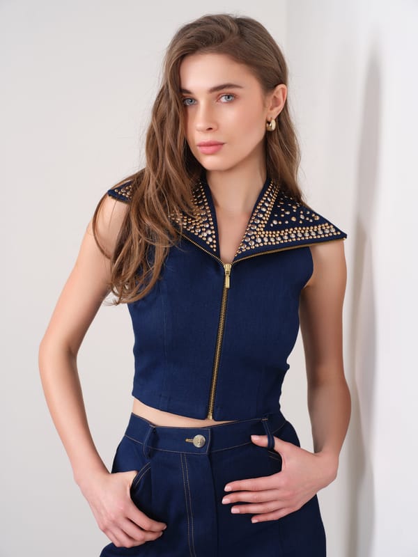 Dark Blue Studded Denim Zip-Front Crop Top — MADISON