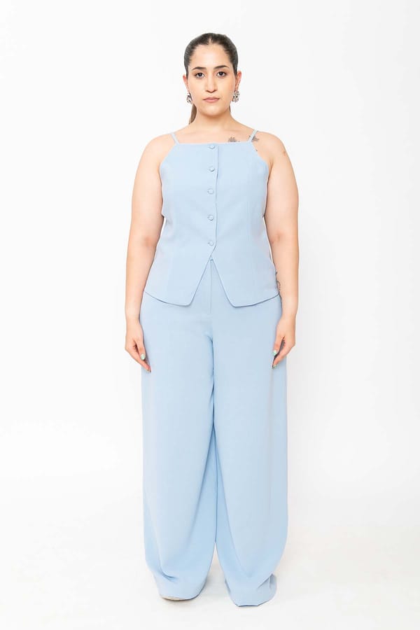 Powder Blue Vest and Wide-Leg Trouser Co-ord Set — Contemponari