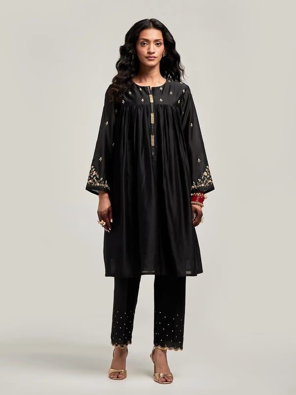 Black Embroidered Yoke A-Line Kurta Set with Pants — Anantaa