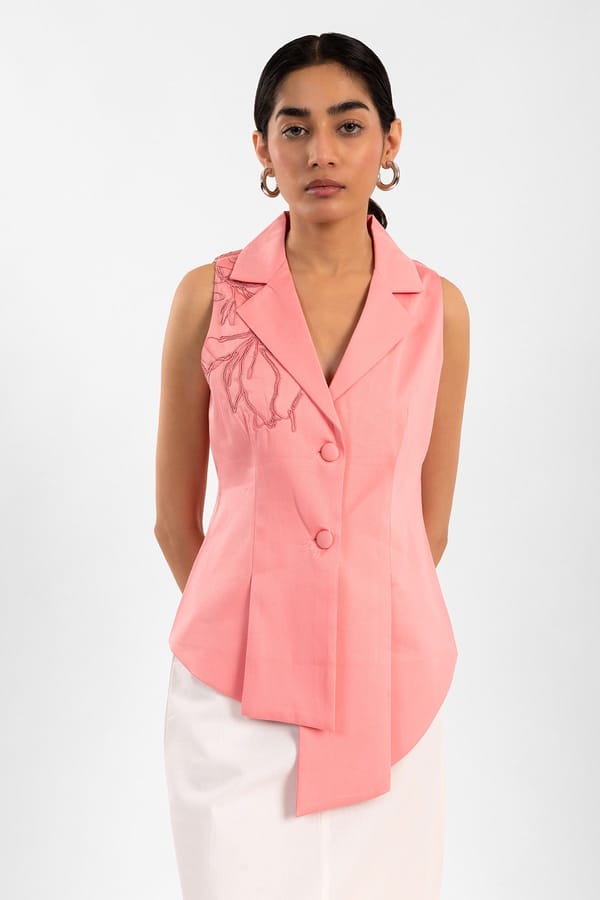 Pink Cotton Satin Embroidered Asymmetrical Waistcoat — Contemponari