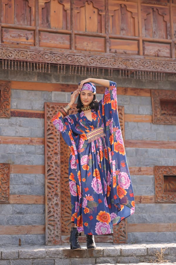 Blue Printed Kaftan Dress — Kahani Lush