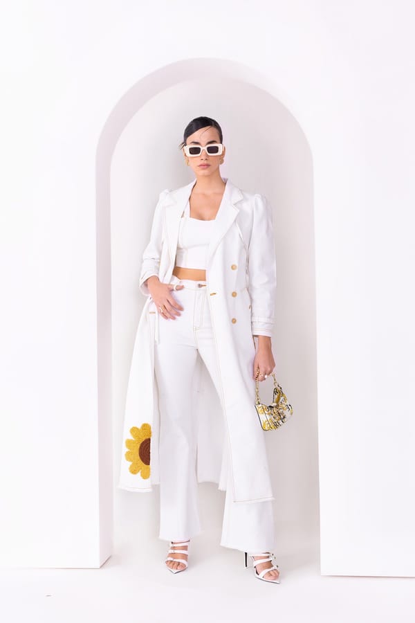 White Denim Trench Co-ord Set with Floral Applique — Our Love