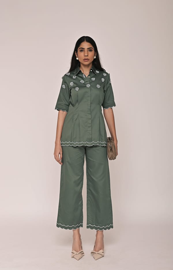 Light Green Scallop Hem Shirt and Wide-Leg Pants Co-ord Set — Escape By Aishwarya