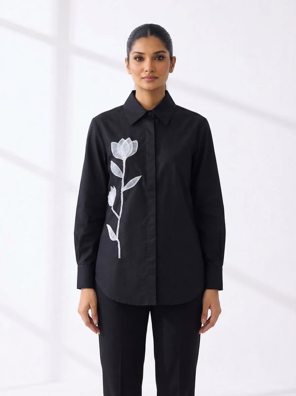 Black Cotton Button-Down Shirt with Floral Applique — KIHIKI