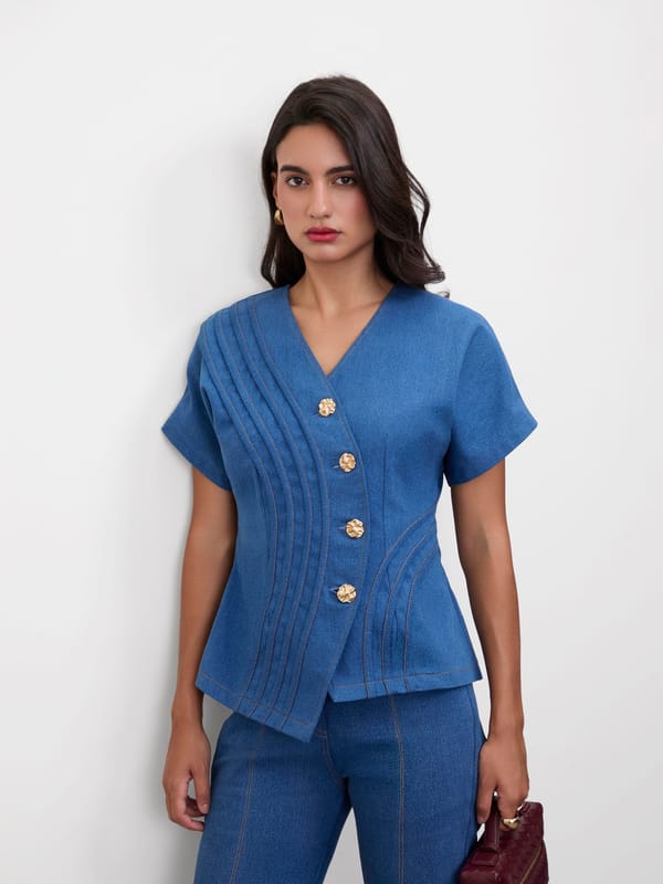 Medium Blue Asymmetrical Denim Wrap Top — MADISON