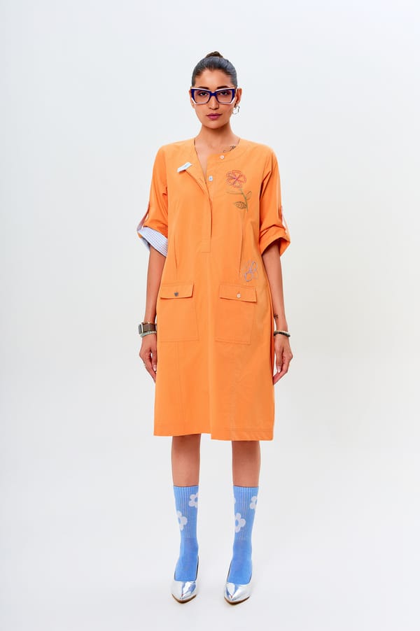 Peach Cotton Embroidered Midi Shirt Dress with Patch Pockets — KOR
