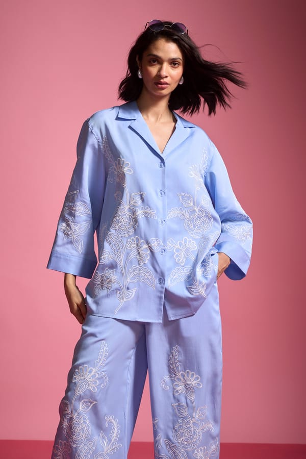 Pastel Blue Tencel Placement Embroidered Relaxed Fit Shirt — Dash and Dot