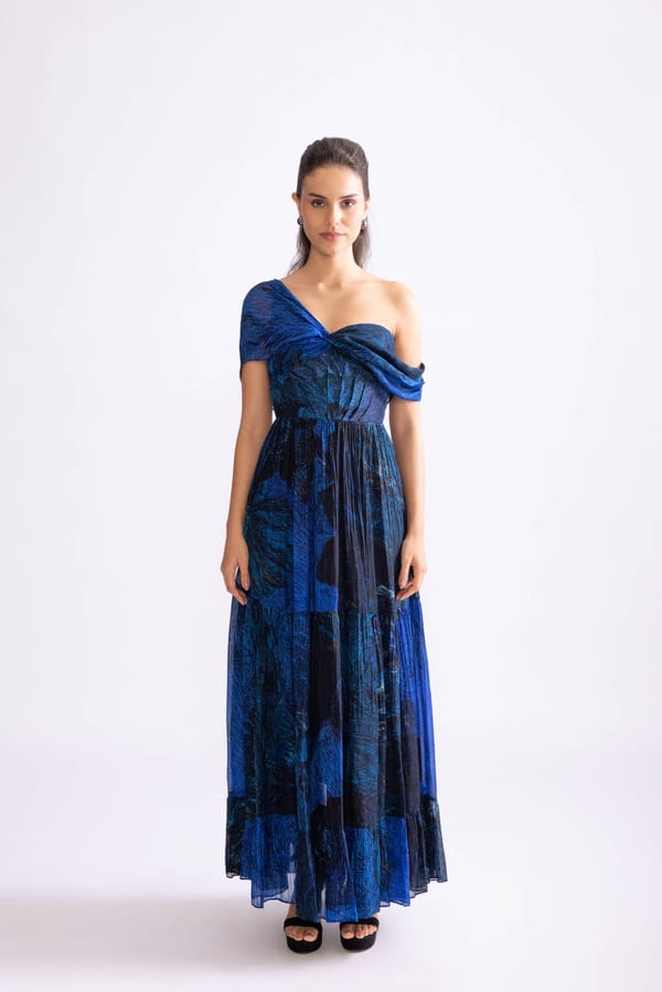 Blue Chiffon One-Shoulder Printed Maxi Dress — Saaksha and Kinni